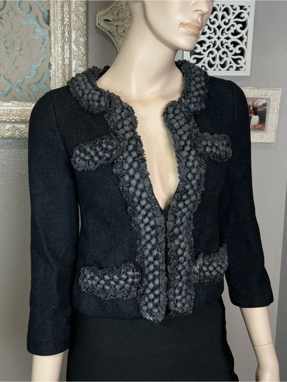 J Crew Wool Blend Denim Blue Cropped Jacket with Braided Trim